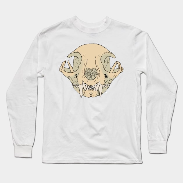 Cat Skull Natural Long Sleeve T-Shirt by TrapperWeasel